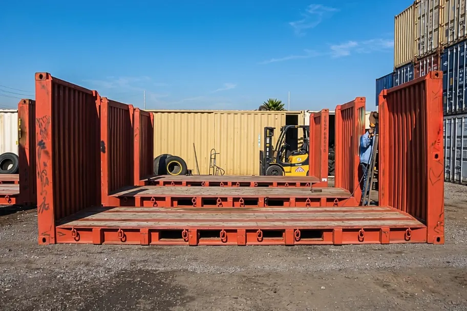 Used 20ft red flat rack shipping containers in a storage yard