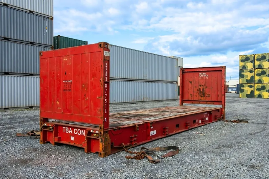 Used 40ft red flat rack shipping containers in a storage yard