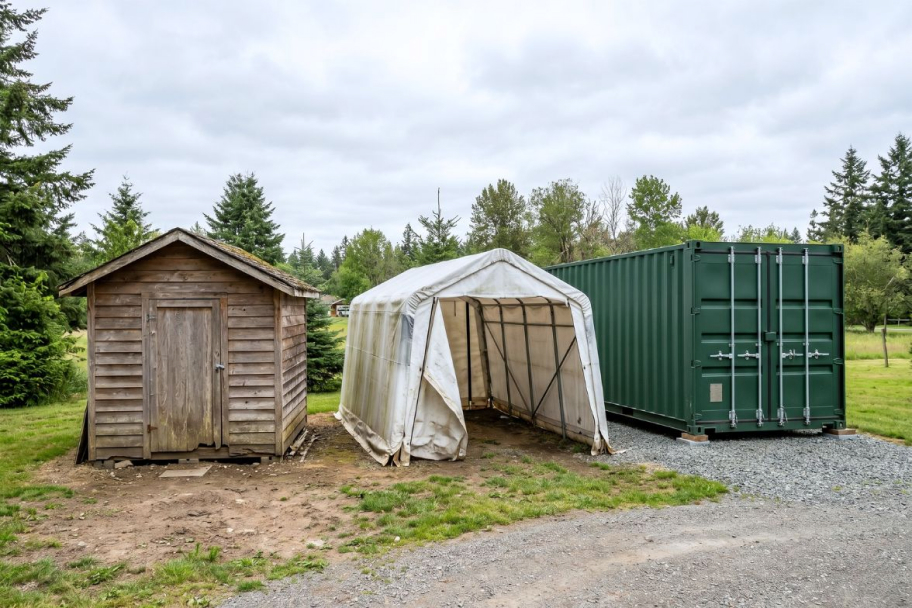 A wood shed, a fabric shelter, and a steel shipping container side by side