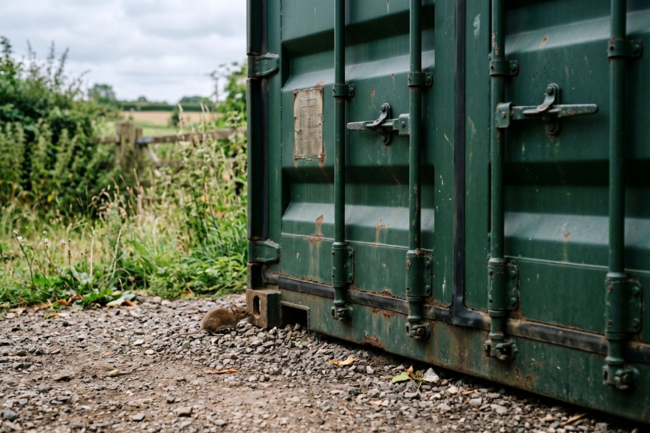 Closed steel doors and locking rods on a green shipping container