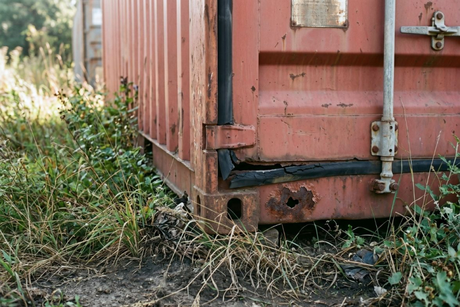 A rusted lower corner and floor line on an older shipping container