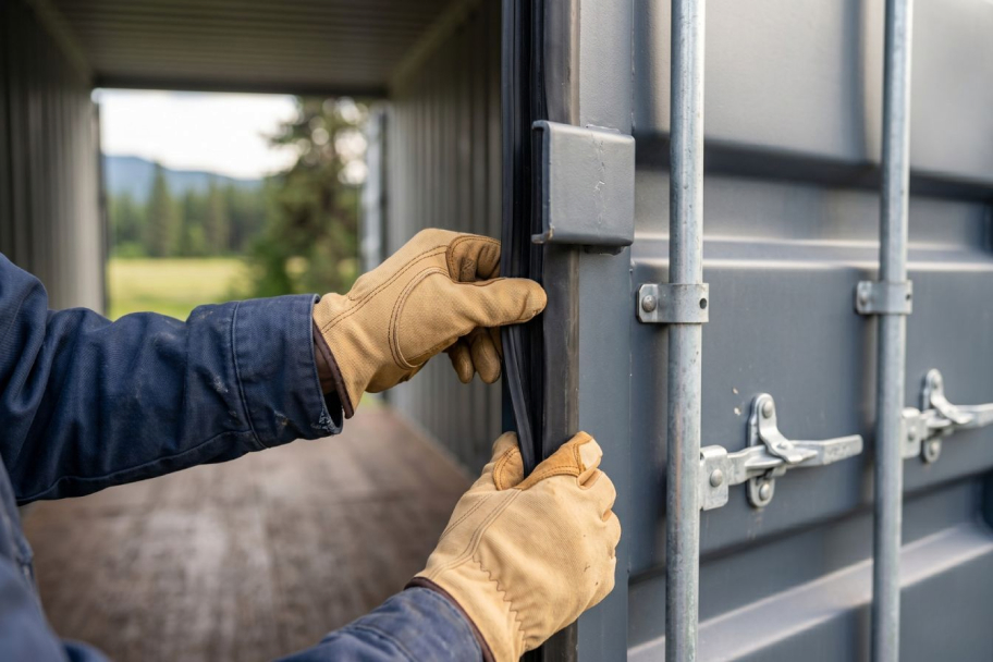 Gloved hands inspecting and sealing a shipping container door