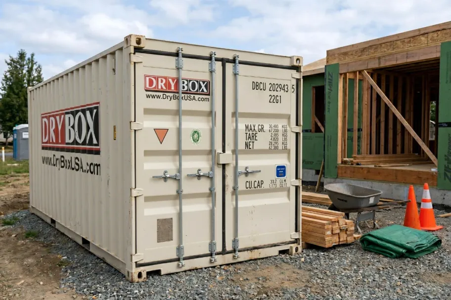 A Dry Box shipping container on a construction site next to a building under construction