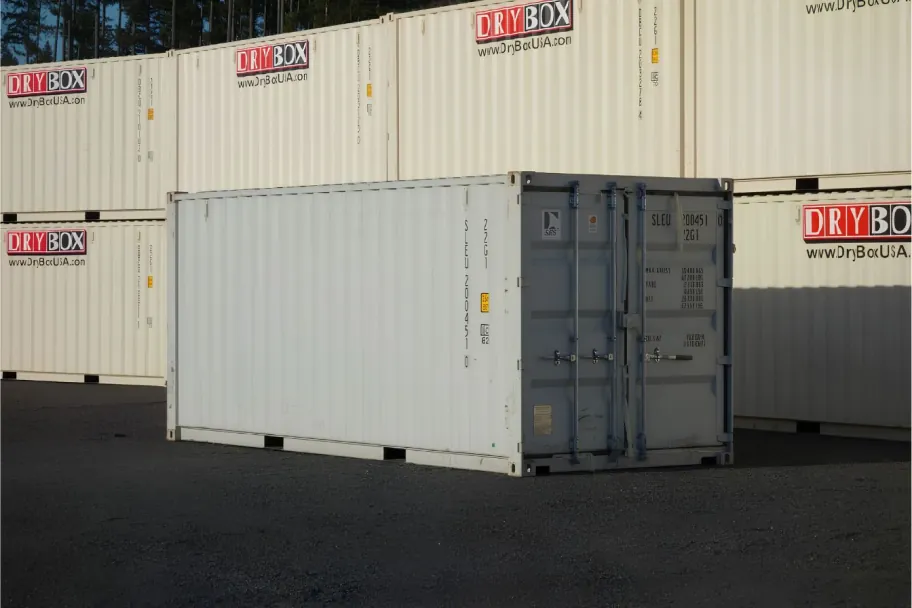 A 20ft Dry Box storage container in a container yard