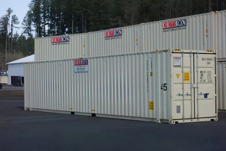 A 40ft high cube Dry Box shipping container in a storage yard