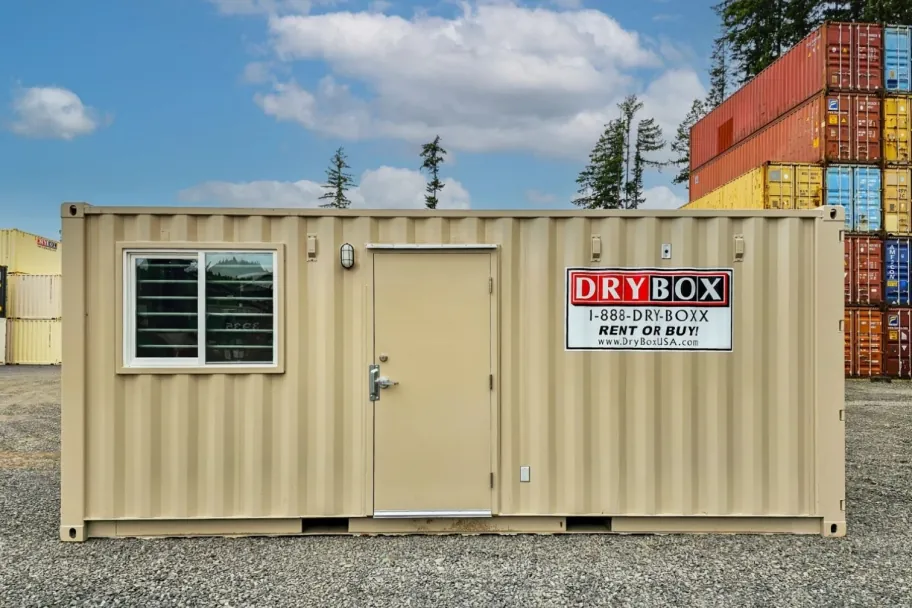 A Dry Box container office with a window and man door