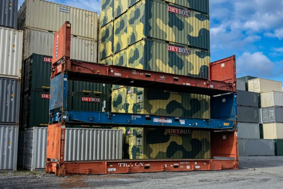 Flat rack containers stacked in a storage yard
