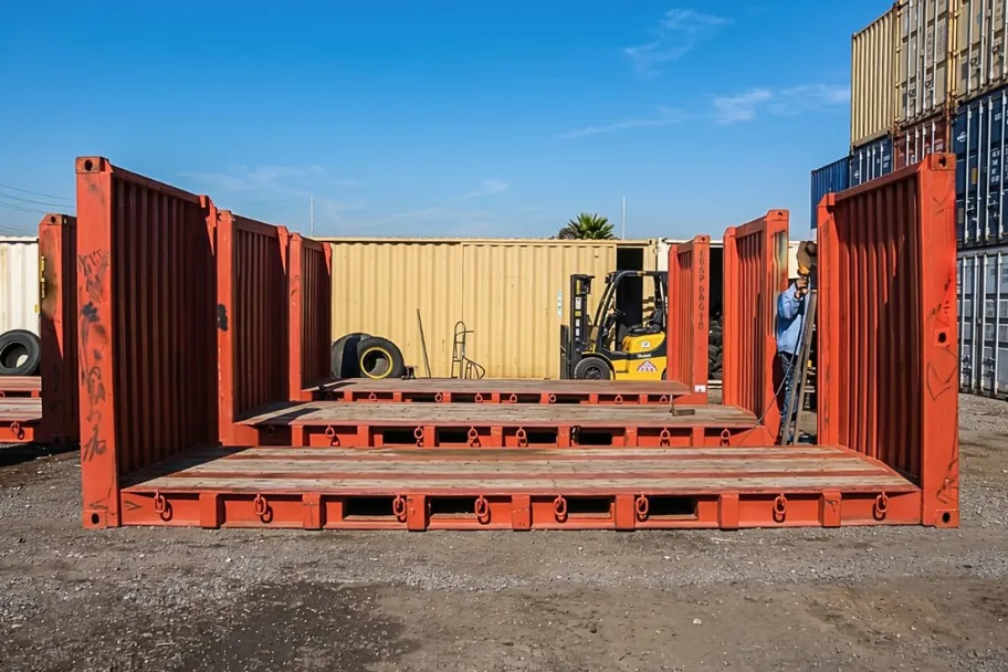 Empty red flat rack containers with end walls