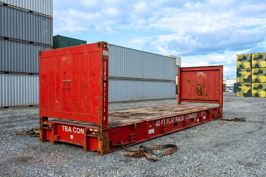 A used red 40ft flat rack container with end walls raised