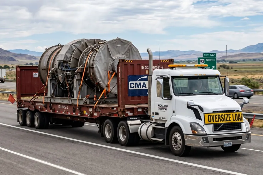 A truck hauling an oversized cable reel on a flat rack container