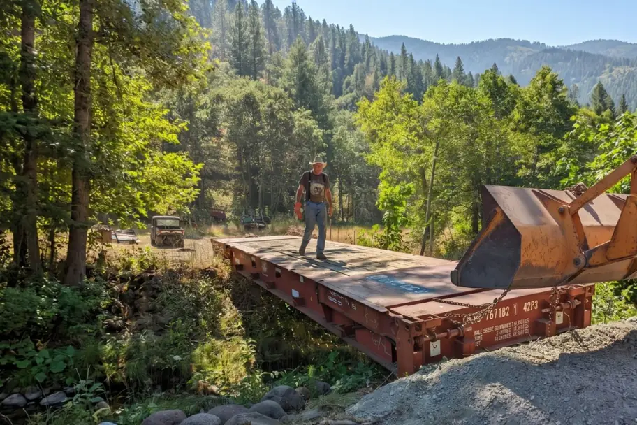 A person standing on a flat rack container bridge over a forest creek