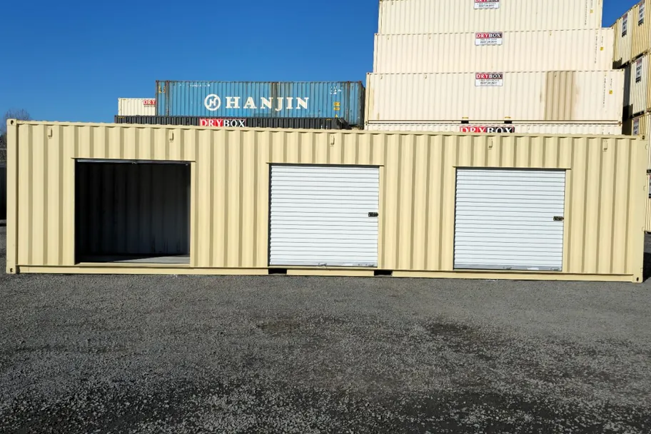 40ft rollup door container with one storage bay open