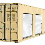 New 40ft shipping container with four white rollup doors along the side