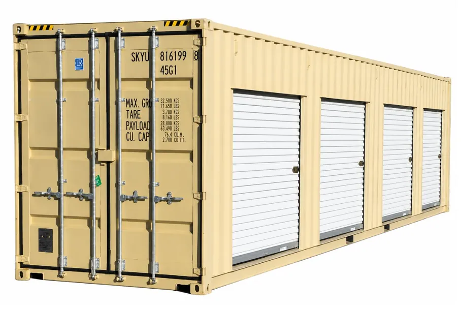 New 40ft shipping container with four white rollup doors along the side