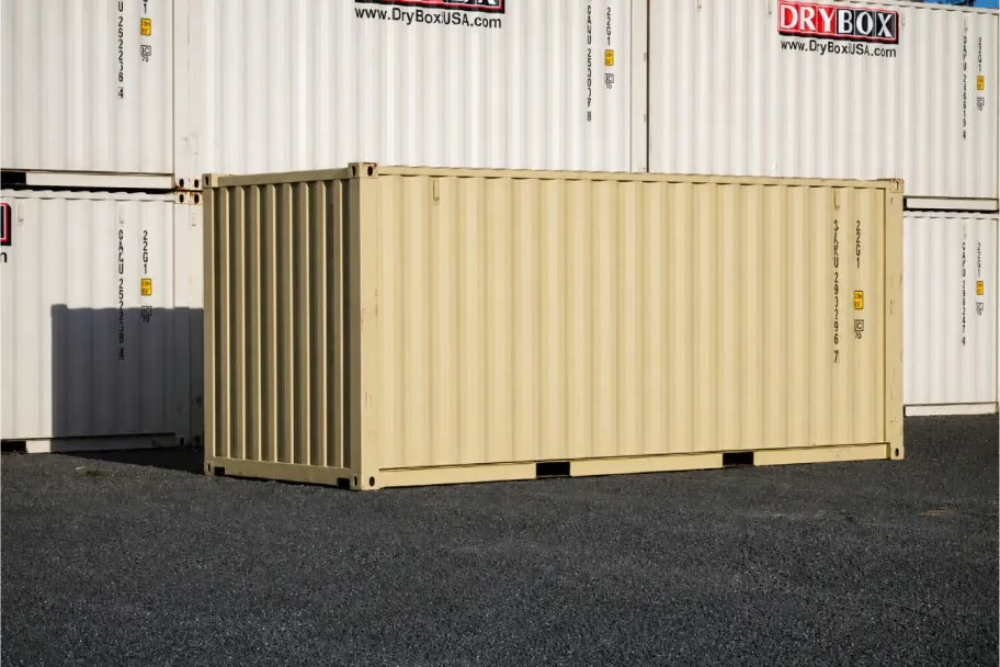 A beige 20ft shipping container after an economy color change