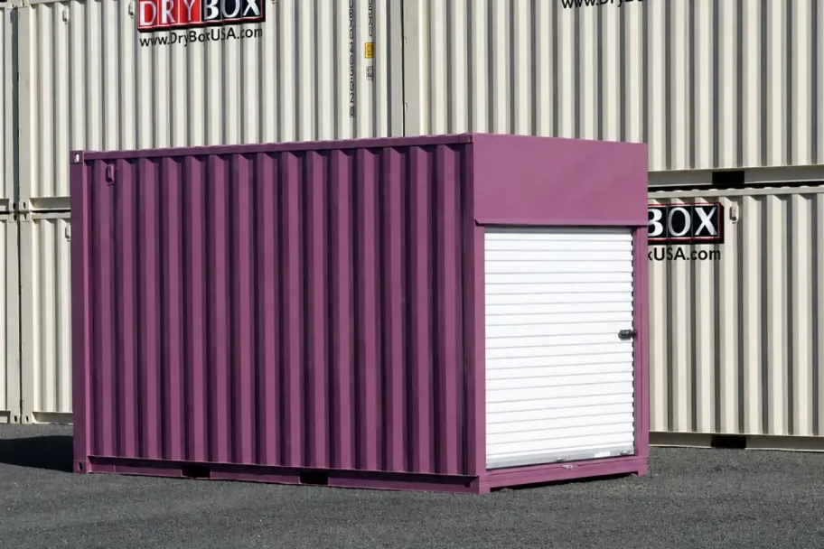 A custom plum painted shipping container with a white roll-up door