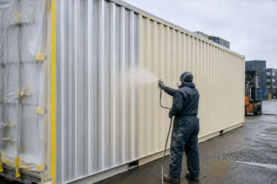 A worker pressure washing a shipping container before painting