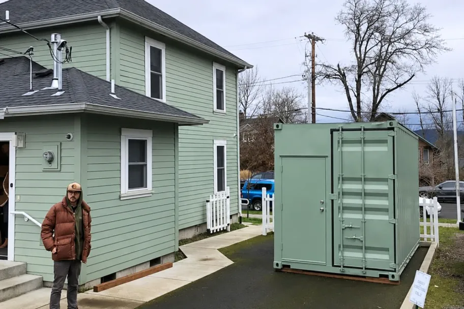 A green shipping container color matched to the house it sits beside