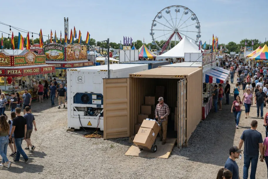 A side-door shipping container being loaded at a busy fairground with a ferris wheel and food stands