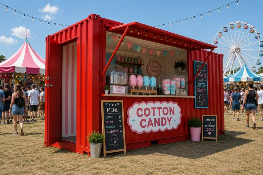 A red shipping container converted into a cotton candy pop-up shop at a festival