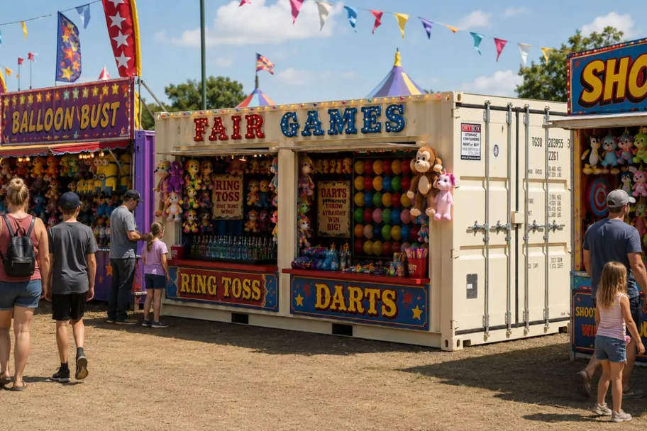 A shipping container fair-games booth with roll-up doors open for ring toss and darts