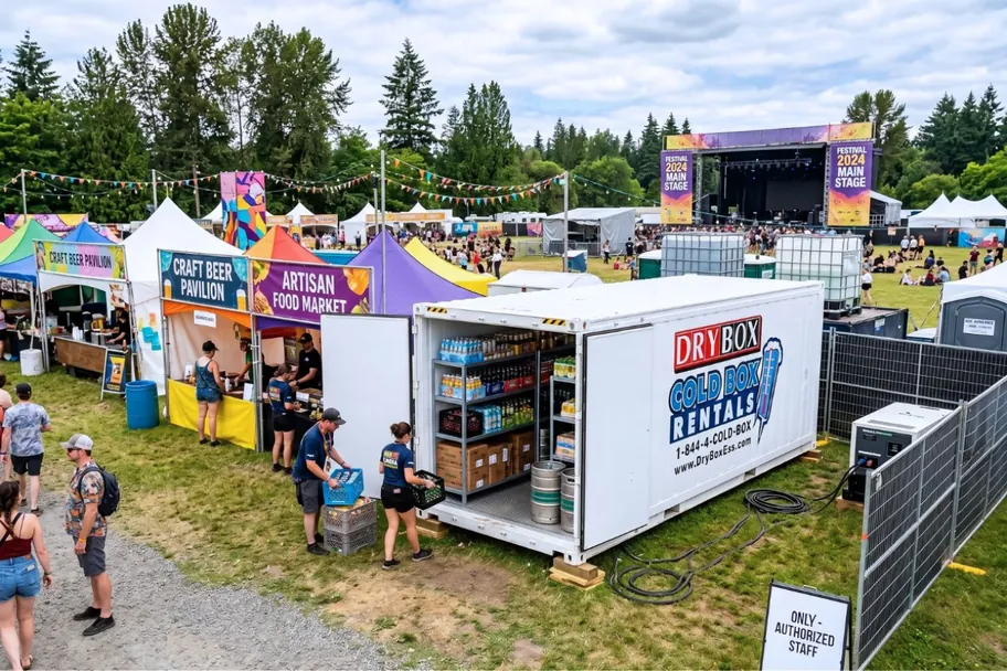 A Dry Box refrigerated cold storage container stocked with drinks beside food vendor tents at a festival