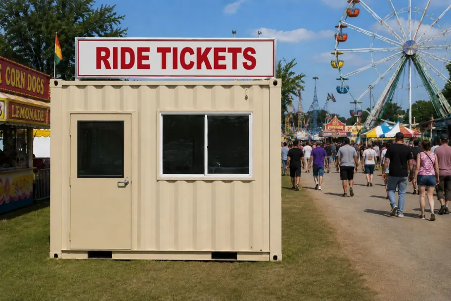 A shipping container ticket booth marked Ride Tickets at a fairground with a ferris wheel behind it