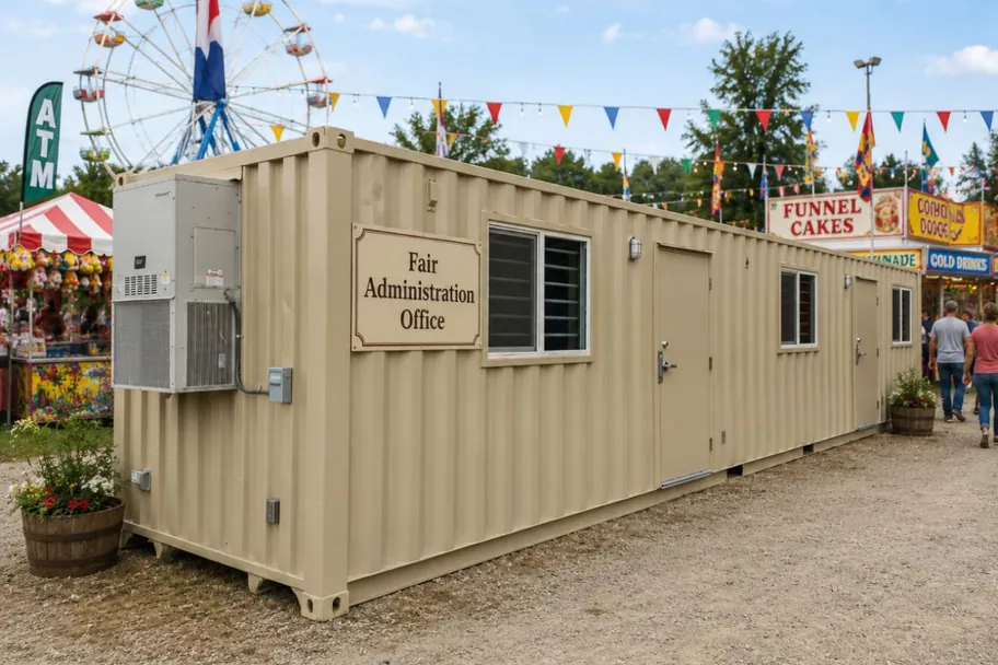 A shipping container office labeled Fair Administration Office set up at a fairground