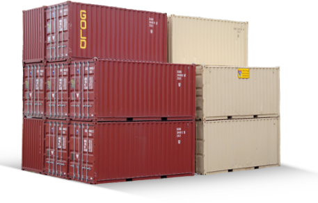 stack of red and beige shipping containers