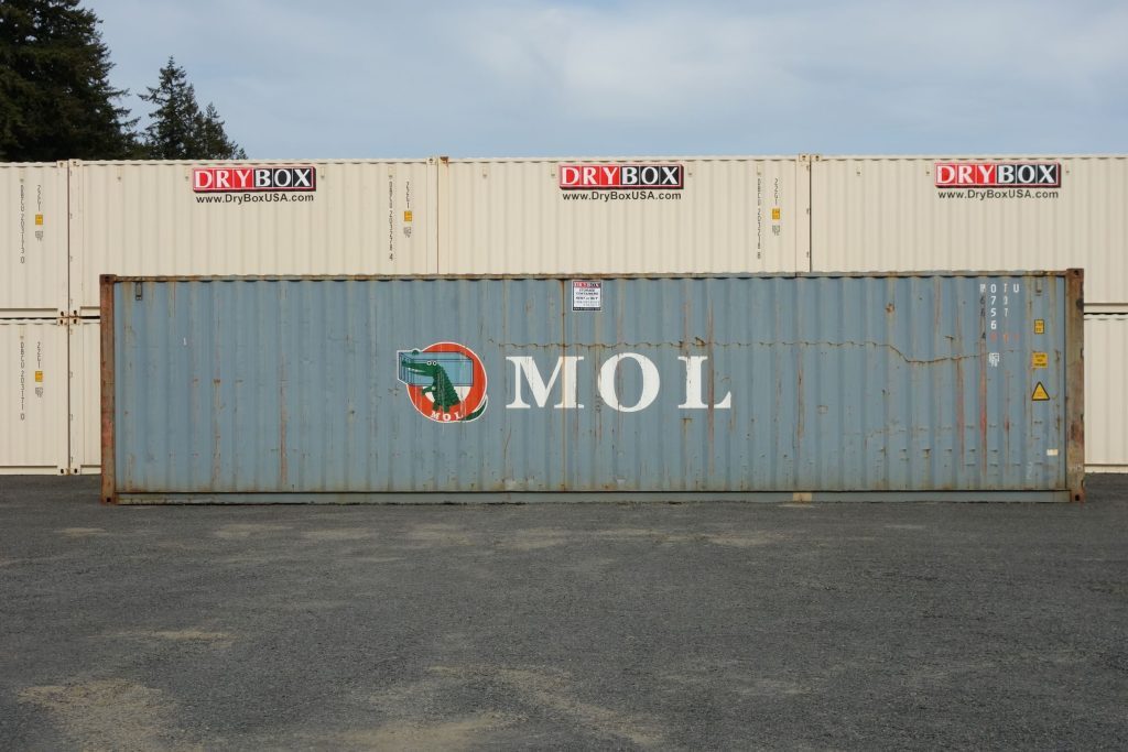 Side view of a used 40ft high cube WWT shipping container