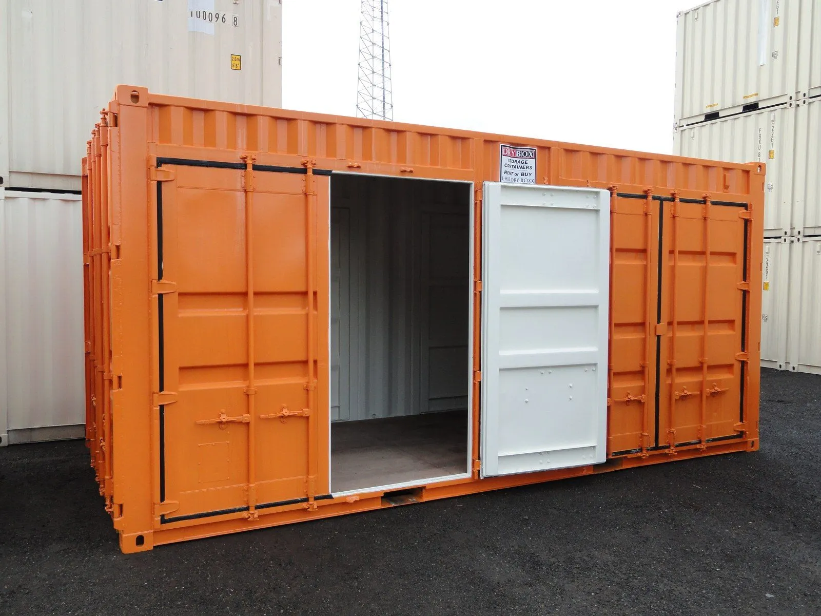 orange shipping containers with doors