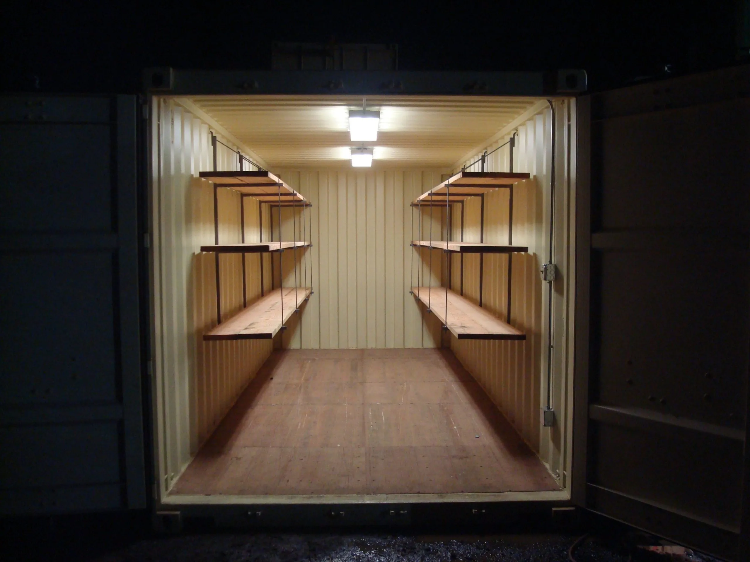 hanging shelves inside the shipping containers