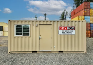 A 20-foot beige shipping container office for sale or rental