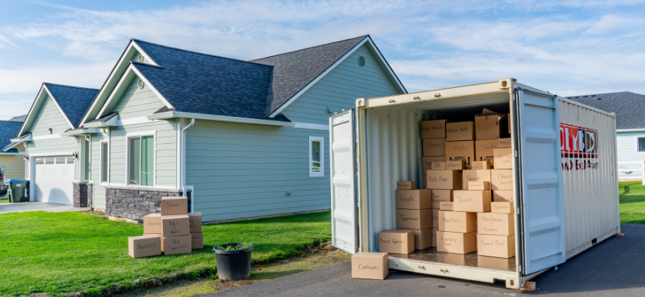 20ft moving container in a customers driveway.