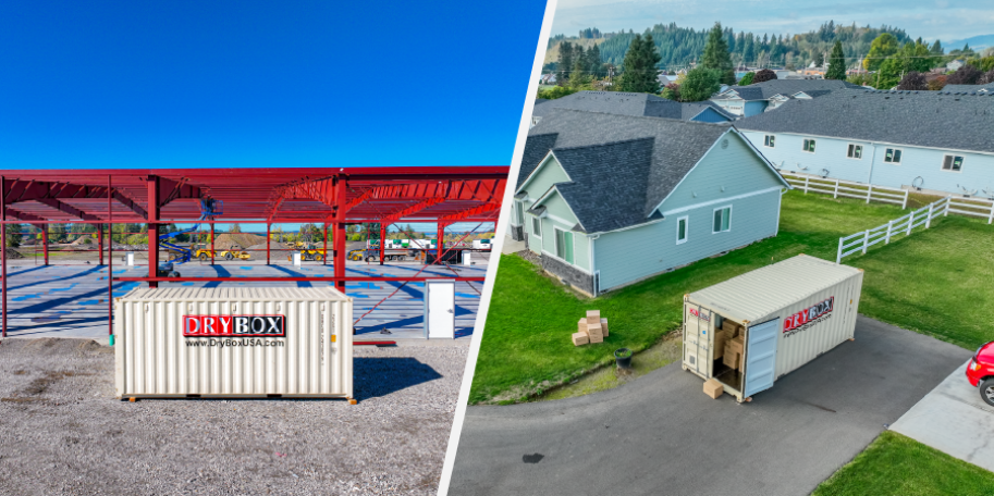 A Dry Box moving container on the jobsite and in front of a home.