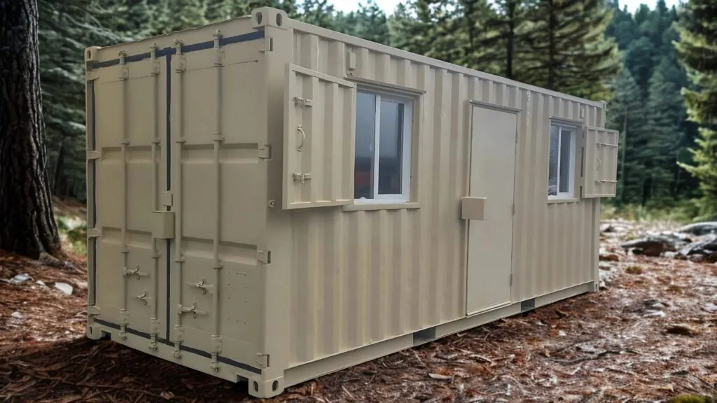 shipping container cabin in the forest