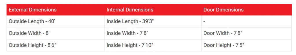 Standard 40ft shipping container dimensions