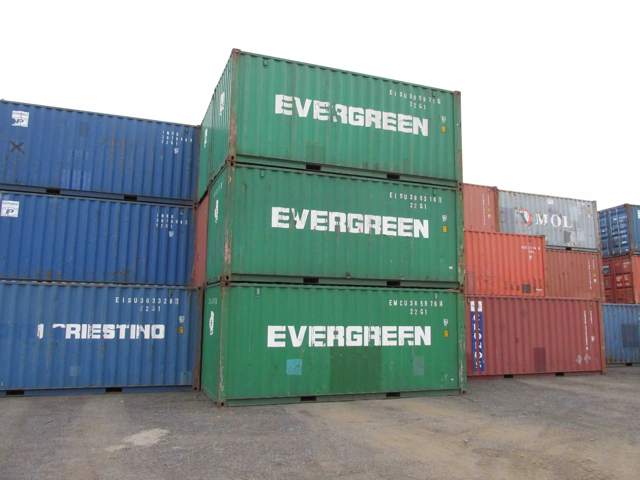 used 40 evergreen shipping containers stacked