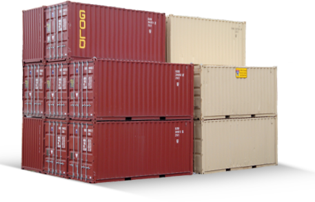 stack of red and beige shipping containers