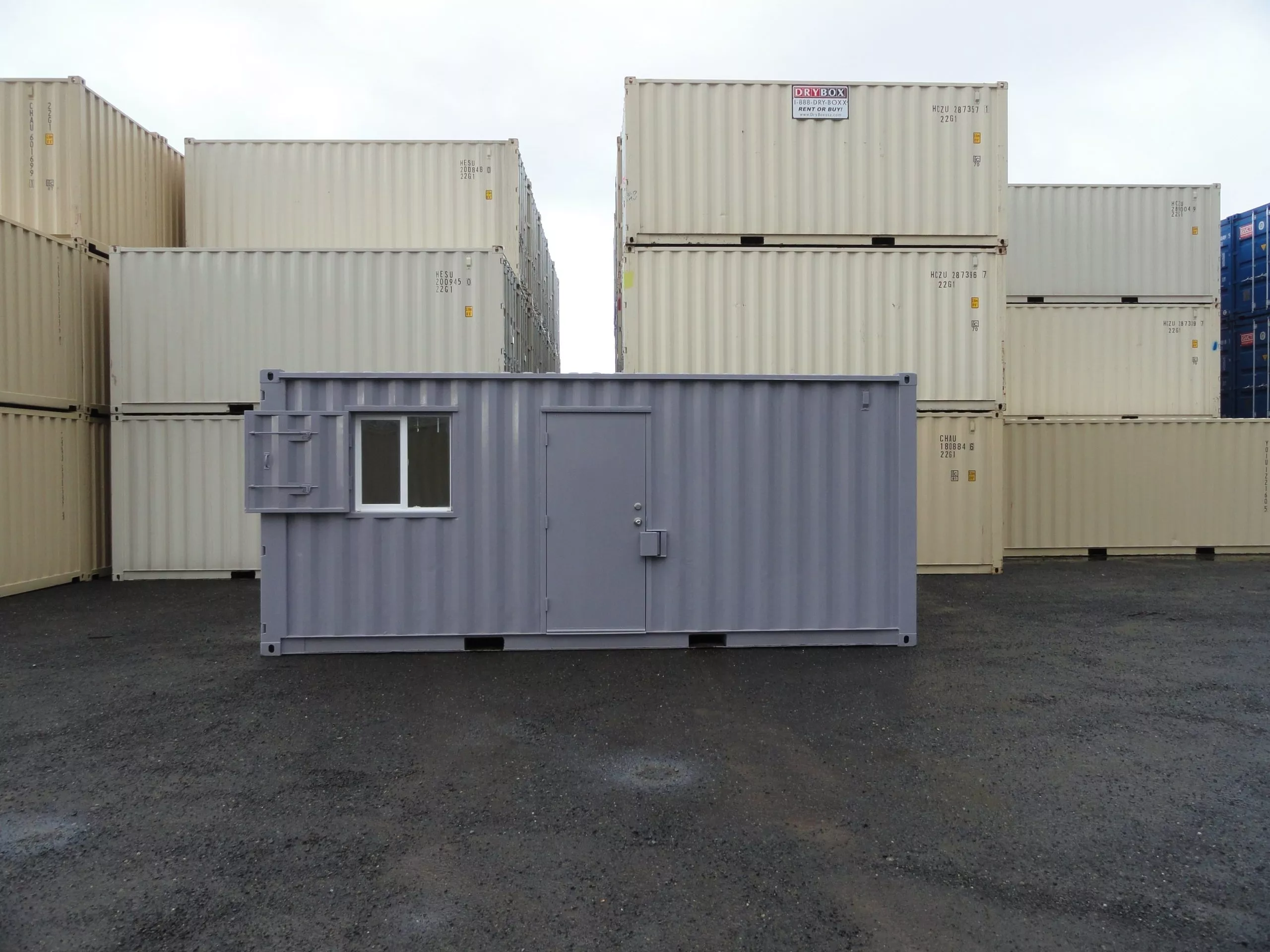 light purple shipping container with man door