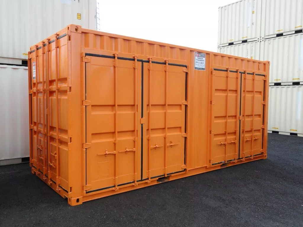 orange shipping containers with doors