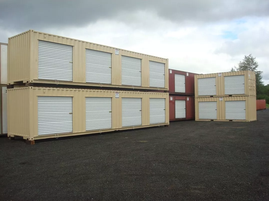 industrial shipping container yard with roll doors