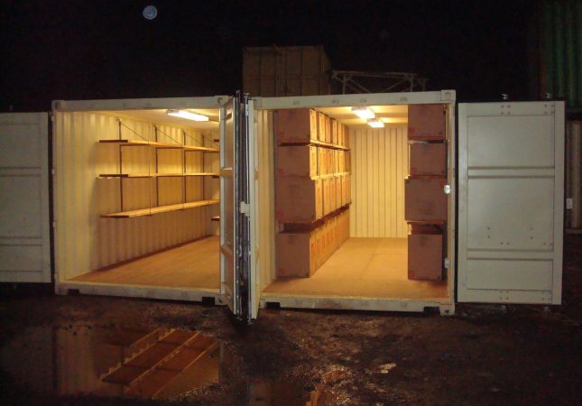 hanging shelves inside the shipping containers