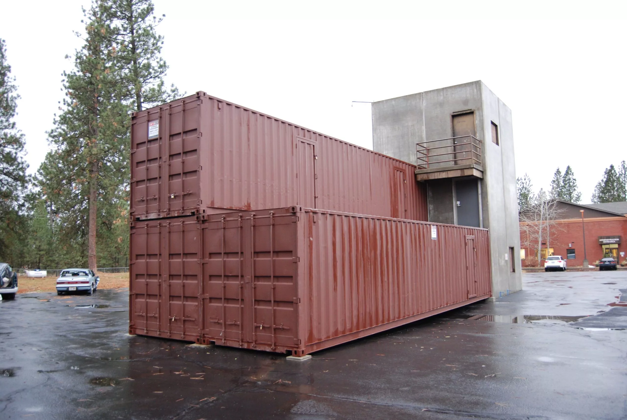 burnt red stackable shipping containers