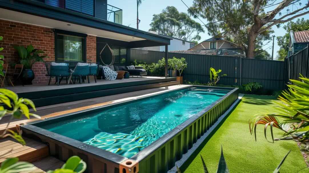 in ground shipping container pool in backyard