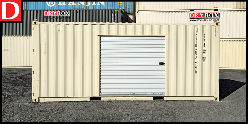 20ft shipping container with a roll-up door on the side.