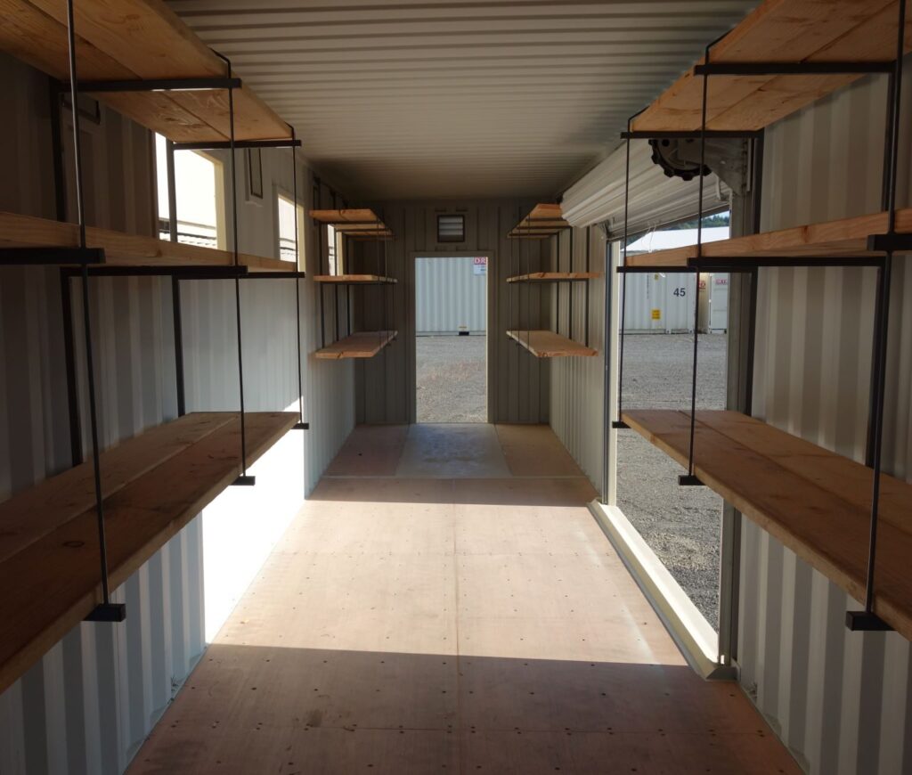 dry box's hanging shelf system in a custom 40 ft shipping container
