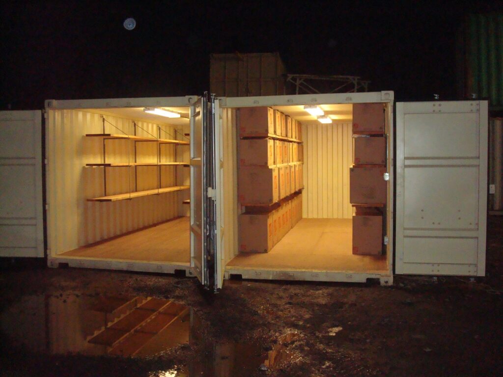 20ft shipping containers with hanging shelving and storage from dry box