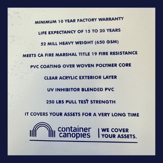 Container canopy materials and warranty