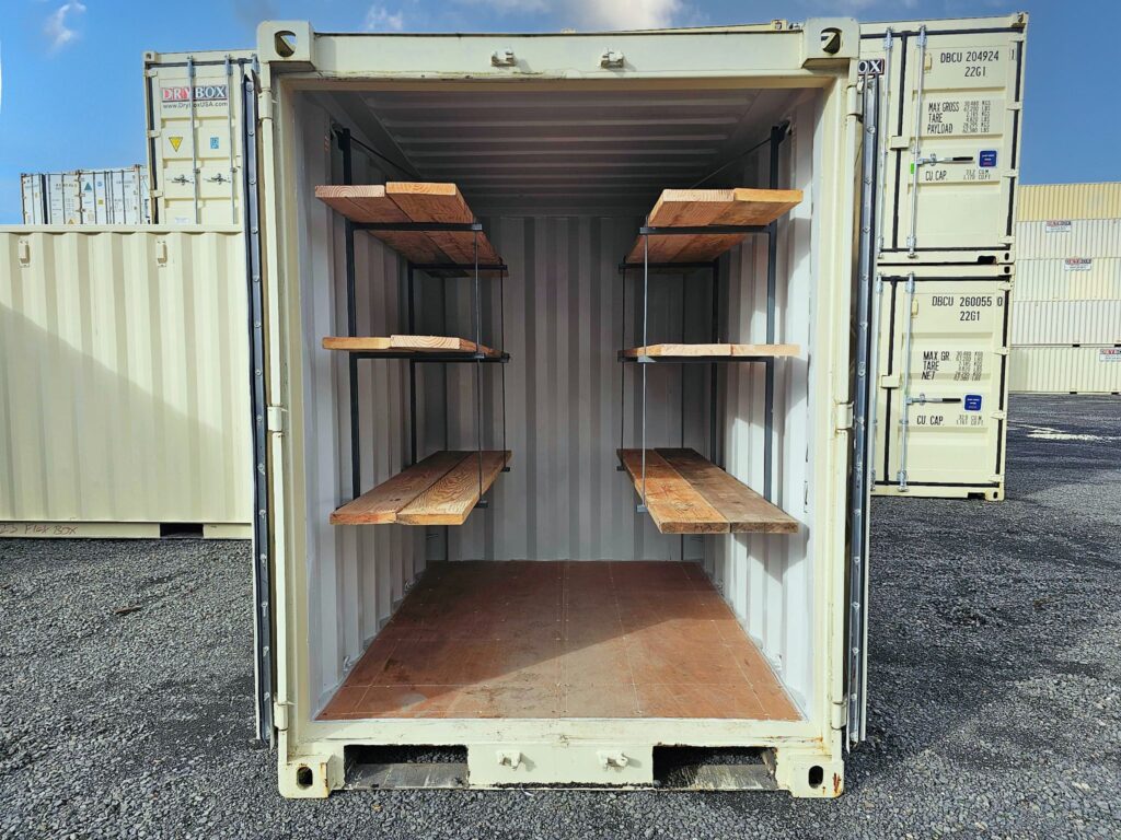 DIY shipping container shelves